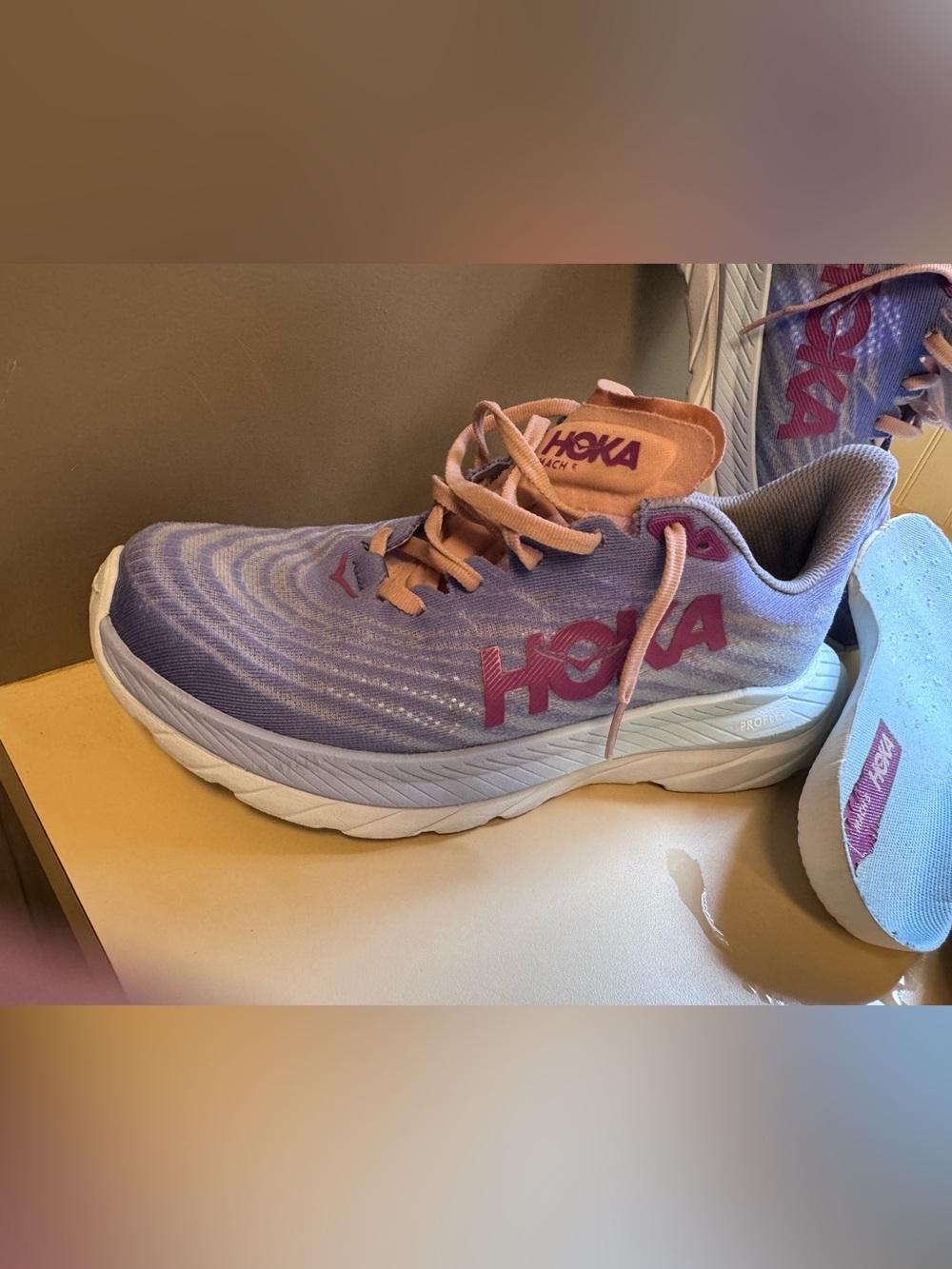 Hoka women's lavender and peach athletic sneaker